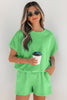 Green Solid Color Puffy Loose Top Drawstring Shorts 2pcs Outfit