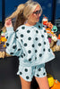 Beige Polka Dot Print Drop Shoulder Pullover Drawstring Shorts Set