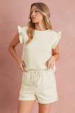 White Plain Bow Jacquard Ruffle Sleeve Shorts Set