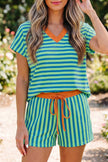 Yellow Stripe Colorblock Trim V Neck Tee Drawstring Elastic Waist Short Set