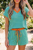 Yellow Stripe Colorblock Trim V Neck Tee Drawstring Elastic Waist Short Set