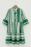 Green Boho Ethnic Print Half Button 3/4 Sleeve Casual Dress