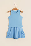 Dark Blue Ribbed Slim Tank Pocketed Wide Leg Shorts Set