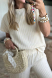 Beige Texture Loose Short Sleeve Top and Cropped Pant Set