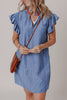 Sky Blue Stripe Frilly Split Neck Shirred Ruffle Sleeve Mini Shift Dress