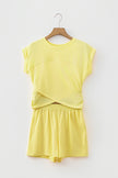 Yellow Cream Solid Short Sleeve Elastic Waist Pocket Casual Two Piece Short Set