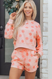 Beige Polka Dot Print Drop Shoulder Pullover Drawstring Shorts Set
