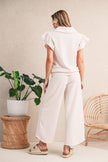 Black Textured Ruffle Sleeve Zipped Top and Wide Leg Pants Set