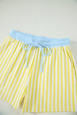 Yellow Stripe Colorblock Trim V Neck Tee Drawstring Elastic Waist Short Set