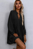 Black Tie Split Neck Smocked Detail Puff Sleeve Ruffle Hem Loose Dress