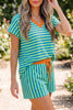 Yellow Stripe Colorblock Trim V Neck Tee Drawstring Elastic Waist Short Set