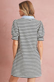 Black Stripe Collared Puff Sleeve Pocketed Mini Dress