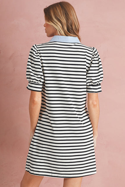 Black Stripe Collared Puff Sleeve Pocketed Mini Dress