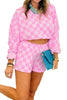 Pink Plaid Checkered Long Sleeve Crop Top Elastic Waist Shorts Two Piece Set