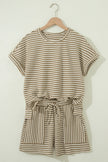 Brown Stripe Breathable Textured Knit Short 2pcs Set