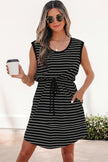 Beige Stripe Drawstring Tunic Tank Mini Dress with Pockets