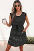Beige Stripe Drawstring Tunic Tank Mini Dress with Pockets