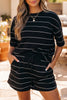 Black Stripe Half Sleeve Tee Drawstring Shorts 2pcs Set