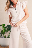 Black Textured Ruffle Sleeve Zipped Top and Wide Leg Pants Set