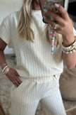 Beige Texture Loose Short Sleeve Top and Cropped Pant Set