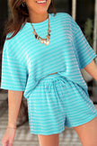 Rose Stripe Raised Rib Loose Tee Drawstring Elastic Waist 2pcs Short Set