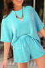 Rose Stripe Raised Rib Loose Tee Drawstring Elastic Waist 2pcs Short Set