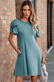 Skobeloff Solid Color Round Neck Double Ruffle Short Sleeve Dress