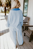 White Stripe Textured Collared Pullover Top and Drawstring Pants Set