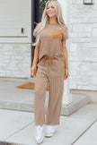 Rose Stripe Crew Neck Tee Drawstring Waist Cropped Pants Set