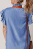 Sky Blue Stripe Frilly Split Neck Shirred Ruffle Sleeve Mini Shift Dress