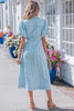 Sail Blue Full Buttons Collared Short Bubble Sleeve Long Denim Dress