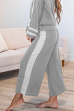 Mineral Red Varsity Stripe Patchwork Puff Sleeve Pullover Drawstring Wide Leg Pant Set
