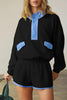 Navy Blue Colorblock Patchwork Half Button Pullover and Shorts Outfit