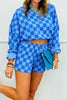 Pink Plaid Checkered Long Sleeve Crop Top Elastic Waist Shorts Two Piece Set