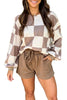 Khaki Checkerboard Plaid Long Sleeve Solid Color Shorts 2pcs Set