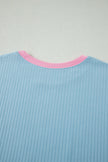 Sachet Pink Soft Ribbed Color Block Trim Casual Short Set