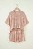 Rose Stripe Raised Rib Loose Tee Drawstring Elastic Waist 2pcs Short Set