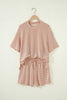 Rose Stripe Raised Rib Loose Tee Drawstring Elastic Waist 2pcs Short Set