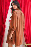 Moss Green Split Neck Scallop Detail Pleated Corduroy Mini Dress