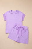 Sky Blue Striped Dolman Sleeve Pullover and Drawstring Shorts Set