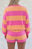 Pink Stripe Long Sleeve Casual Top Drawstring Shorts 2pcs Set