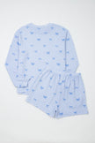 Sky Blue Valentines Bow Print Twisted Rib Loose Long Sleeve Top 2pcs Short Set