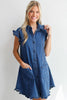 Sail Blue Ruffled Edge Collared Shift Denim Dress with Pockets