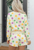Beige Polka Dot Print Drop Shoulder Pullover Drawstring Shorts Set