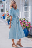 Sail Blue Full Buttons Collared Short Bubble Sleeve Long Denim Dress