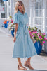 Sail Blue Full Buttons Collared Short Bubble Sleeve Long Denim Dress