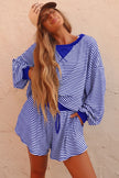 Brown Stripe Oversized Long Sleeve Top Drawstring Loose Shorts 2pcs Set