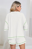 Light Beige-10 Breathable Waffle Color Block Trim 2pcs Casual Short Set