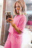 Sachet Pink Lace Patchwork Half Sleeve Top Elastic Waist Pants Two Piece Set