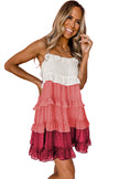 Fiery Red Pink Ombre Swiss Dot Ruffled Tiered Mini Dress